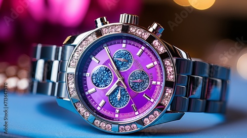 Stylish and sparkling wristwatch with vibrant colors and intricate details in close up shot photo