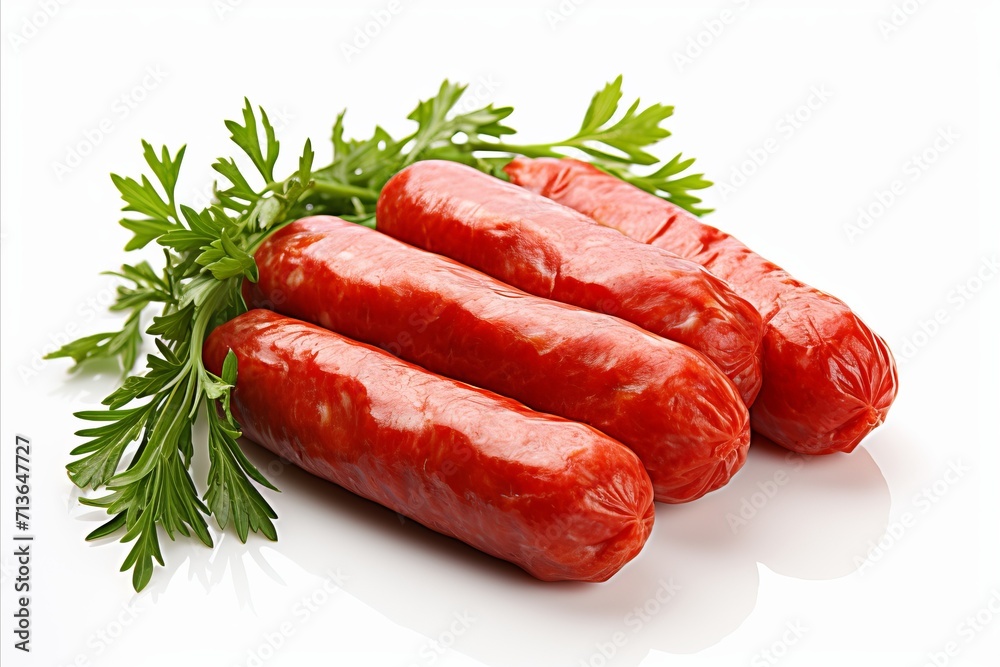 Assorted delicious sausages isolated on a clean white background for food photography concept.