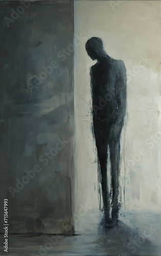man standing doorway shadow anxiety environment alone highly conceptual figurative oil humanoid creature fading away here thin line feelings guilt photo