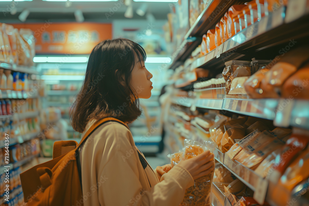 girl buying food in supermarket  