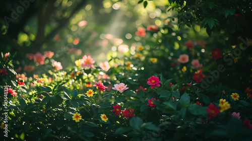 A luz do sol atravessa a exuberante folhagem lançando sombras manchadas no chão abaixo  As flores vibrantes desabrocham suas delicadas pétalas oferecendo uma sinfonia de cores e formas photo