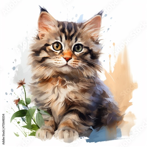 Cute fluffy cat painted animal watercolor image Ai generated art