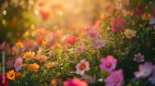A luz do sol atravessa a exuberante folhagem lançando sombras manchadas no chão abaixo  As flores vibrantes desabrocham suas delicadas pétalas oferecendo uma sinfonia de cores e formas photo