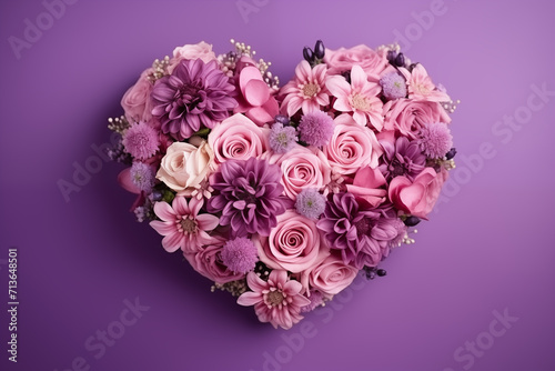 Top view arrangement of colorful flowers with heart shape placed on purple background. Valentine's day, mother's day, women's Day background. Generate AI