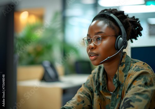 smiling woman worker in call center working with headset 