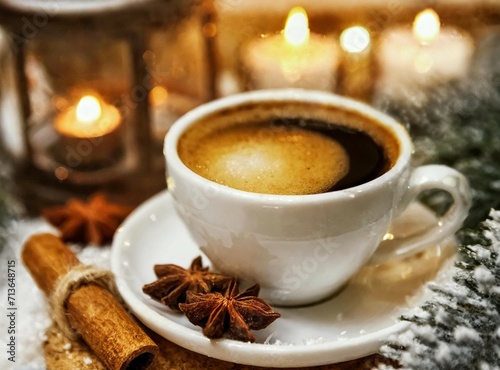 Cup of hot coffee. Good morning. Winter holiday season. Cozy evening time. 