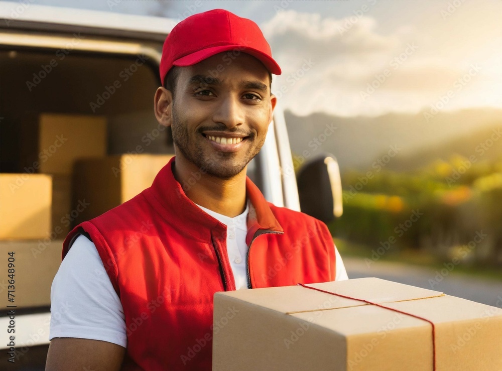 Young smiling Latin delivery man deliver package