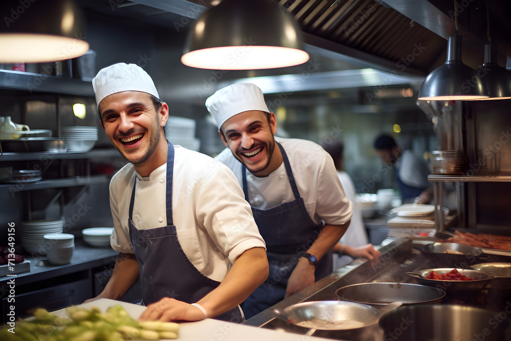 Two male chefs preparing food in a kitchen of a restaurant Two male chefs preparing food in a kitchen of a restaurant