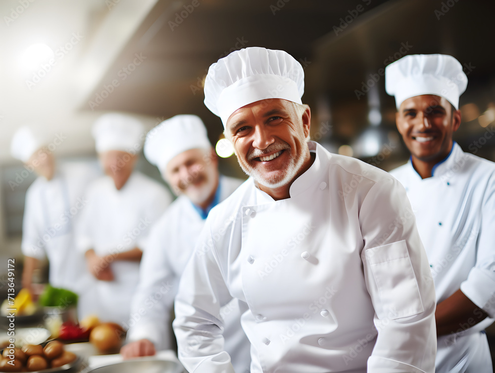 Portrait of a male senior chef with defocused other teammates