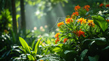Raios de sol filtram através do exuberante dossel verde de um sereno jardim botânico lançando sombras pintalgadas na vibrante variedade de plantas e flores