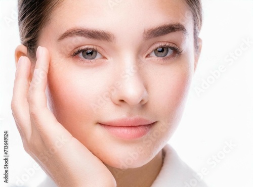 Young woman after skincare treatment isolated on white background, with copy space, for beauty product web advertisement.