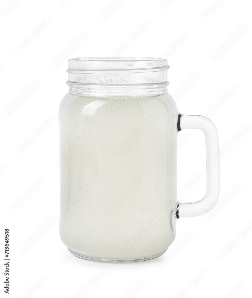 Tasty aloe juice in mason jar isolated on white Tasty aloe juice in mason jar isolated on white
