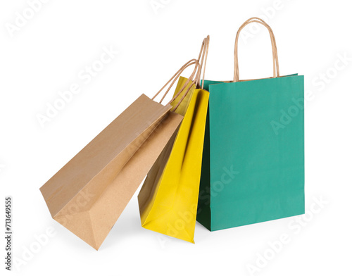 Three paper shopping bags on white background