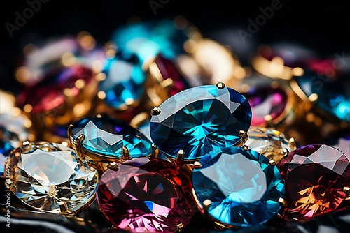 Vibrant gemstones on dazzling jewelry reflecting brilliant colors in warm light.