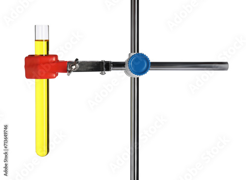 Retort stand with test tube of yellow liquid isolated on white