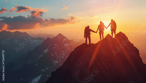 mountain climbing couples handing each other to reach peak during sunset