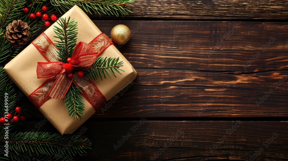 Minimalist gift box background with space for text, featuring an elegantly wrapped gift box adorned with ribbon decoration

