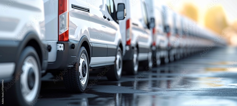Row of white commercial delivery vans for transporting services with text space on a sunny day Row of white commercial delivery vans for transporting services with text space on a sunny day
