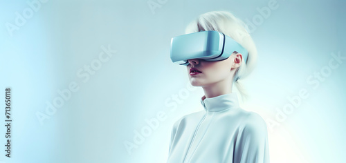 Young woman wearing a mixed reality headset and experiencing simulation, metaverse and cyberspace.