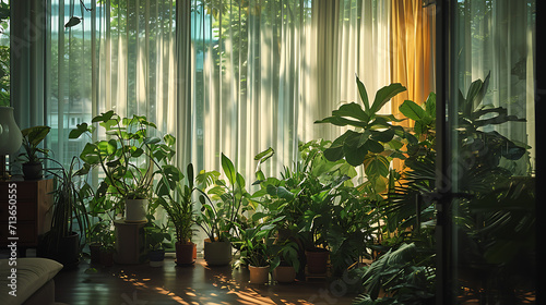 Uma sala de estar moderna é preenchida por uma vegetação exuberante com plantas domésticas únicas dispostas em vasos elegantes e suspensos