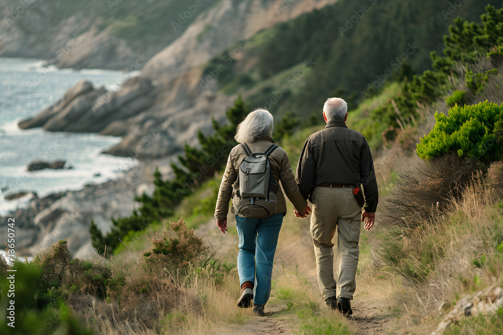senior couple hiking near ocean