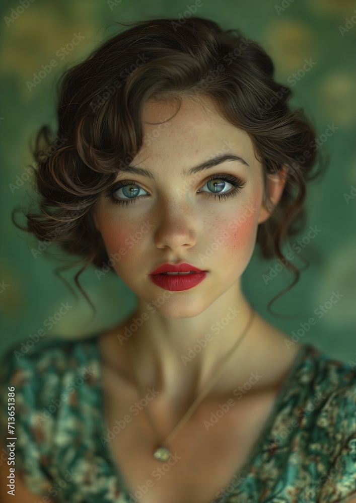 Φωτογραφία woman red lip green dress perfect facial curly hair alluring lips hot petite tee