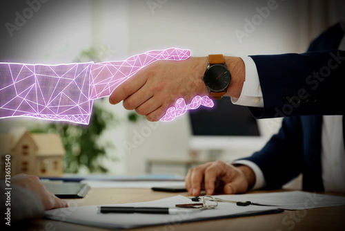 Businessman shaking hands with virtual partner indoors, closeup. Illustration of digital hand