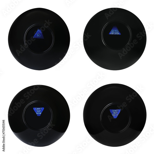 Magic eight ball with different predictions isolated on white, collection