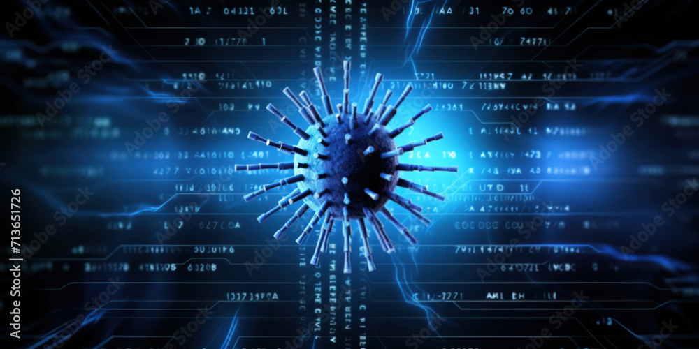 Fototapeta premium Background with a code on a blue background and a virus warning. System hacking, Cyber security and cybercrime