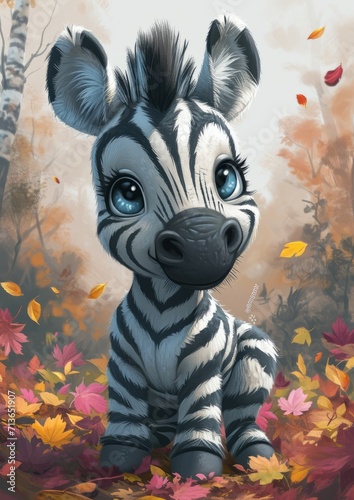 A cute baby zebra portrait in cartoon style. 
