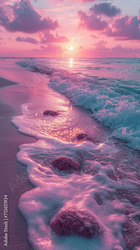 beautiful sunset over a sandy beach and ocean. AI generative