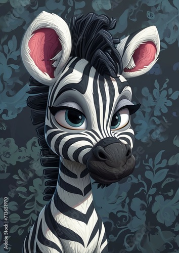 A cute baby zebra portrait in cartoon style. 