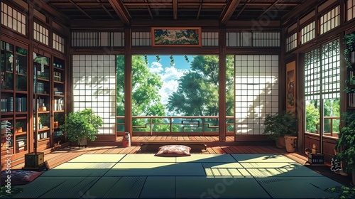 japanese temple in kyoto country, beautiful anime room background, japan room generative AI © OOTIDI