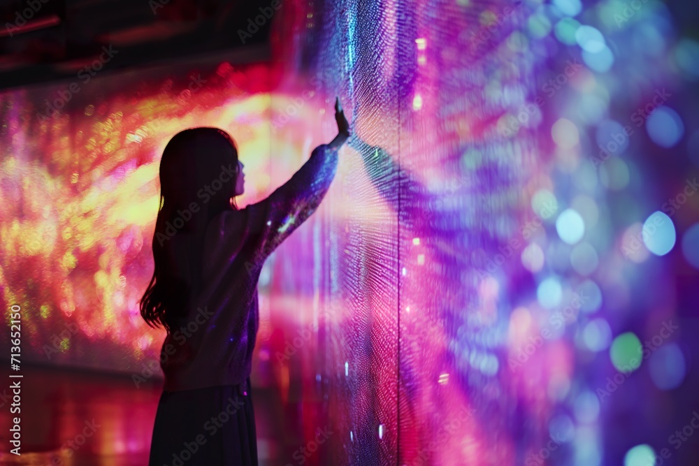 Woman experiences contact with technology, digital wall of LED lights. - obrazy, fototapety, plakaty 