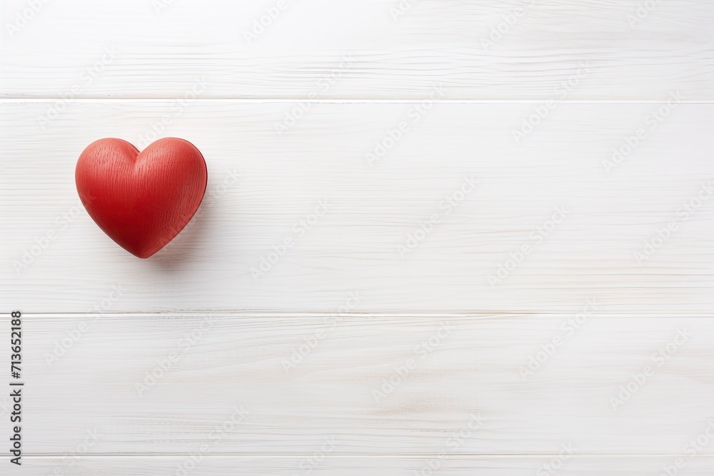 Overhead shot of a small red heart on a white wooden background - romantic concept, copy space - generative ai Overhead shot of a small red heart on a white wooden background - romantic concept, copy space - generative ai