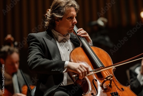 A cellist performs a work during a symphony orchestra concert.