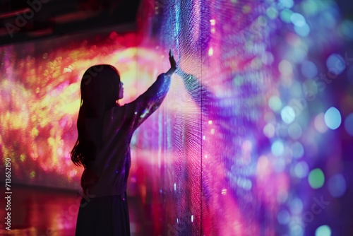 Woman experiences contact with technology, digital wall of LED lights. photo