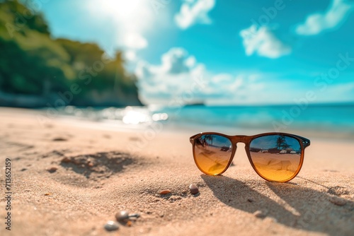 Sunglasses on the sand of the beach, warm summer background of beautiful and hidden coves.