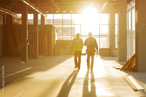 two construction workers walk in the sunlight in the room of home construction