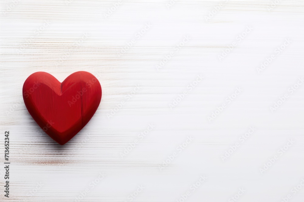 Overhead shot of a small red heart on a white wooden background - romantic concept, copy space - generative ai Overhead shot of a small red heart on a white wooden background - romantic concept, copy space - generative ai