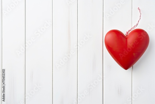 Overhead shot of a small red heart on a white wooden background - romantic concept, copy space - generative ai