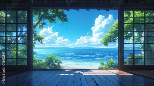 view from window to the sea, window in the garden, beautiful anime japan background view in window with japan room generative AI © OOTIDI