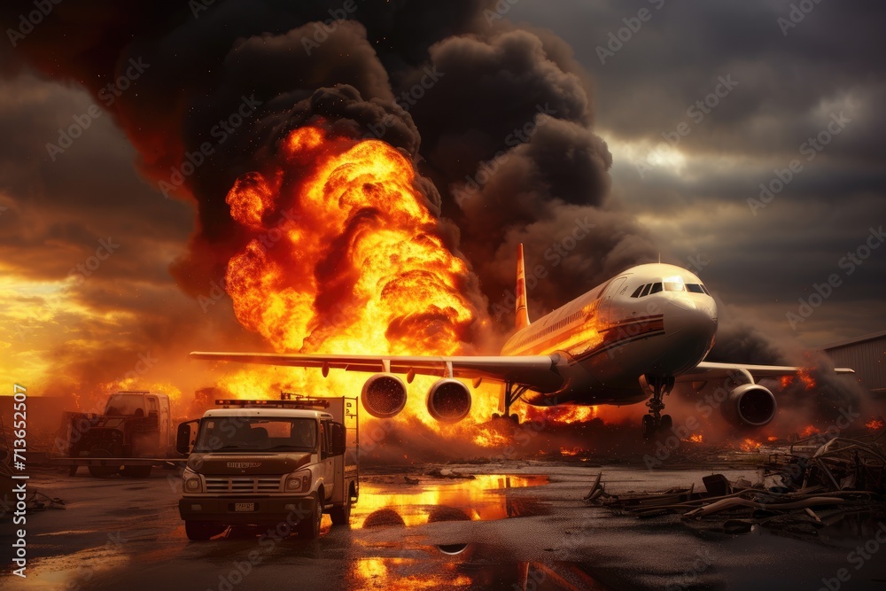 Aviation Disaster: A Plane Ignites in Flames on the Runway, Unleashing Chaos and Emergency Response in a Gripping Airport Tragedy. Aviation Disaster: A Plane Ignites in Flames on the Runway, Unleashing Chaos and Emergency Response in a Gripping Airport Tragedy.