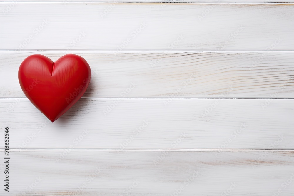 Overhead shot of a small red heart on a white wooden background - romantic concept, copy space - generative ai Overhead shot of a small red heart on a white wooden background - romantic concept, copy space - generative ai