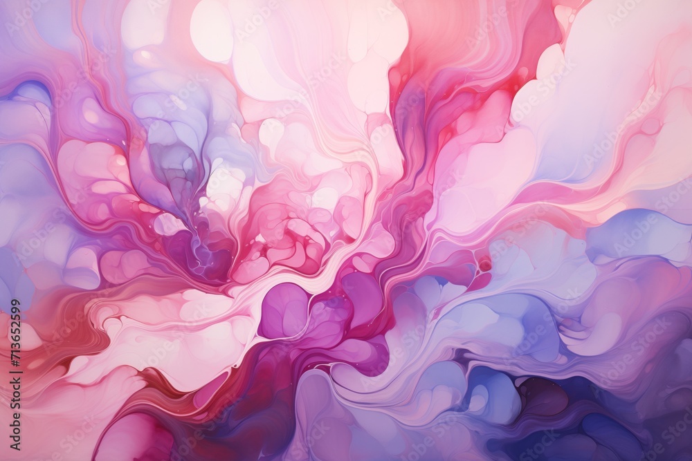 abstract explosion of vibrant colors flows across the canvas, creating a marble effect. Swirls of pink and purple blend seamlessly, evoking a sense of movement and fluidity in this modern art