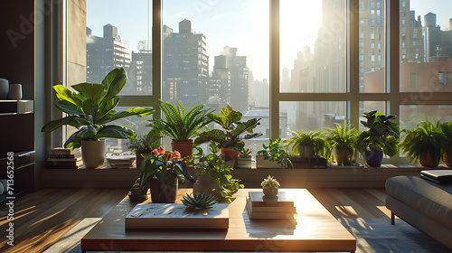 A luz solar entra pelas grandes janelas do chão ao teto de um apartamento urbano moderno criando um brilho caloroso sobre o interior minimalista e elegante