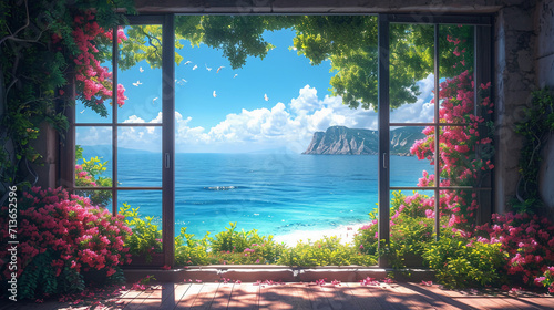 beautiful window we can see sea. AI generative