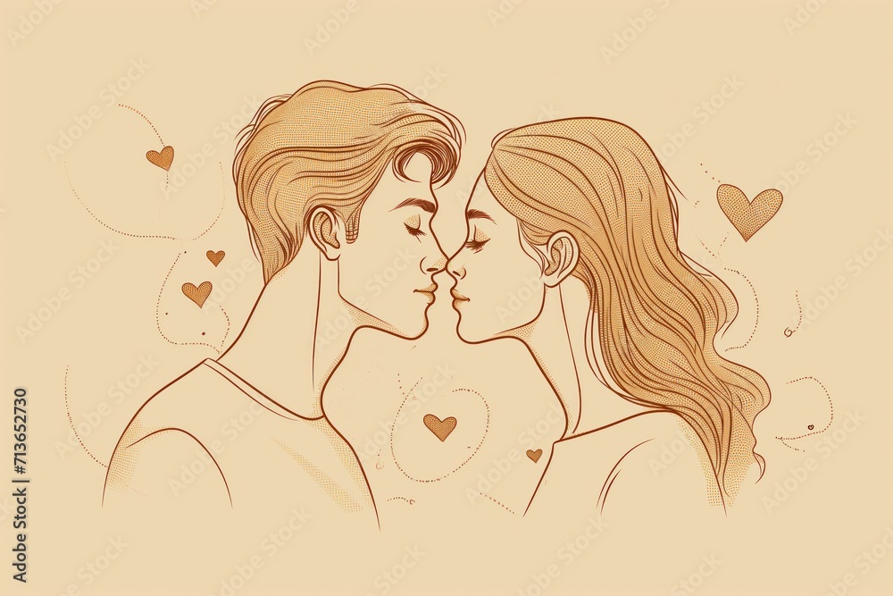 elegant line art illustration captures intimate moment between a couple, their faces close as they are about to kiss, simple yet profound representation of love and affection, perfect for Valentine's