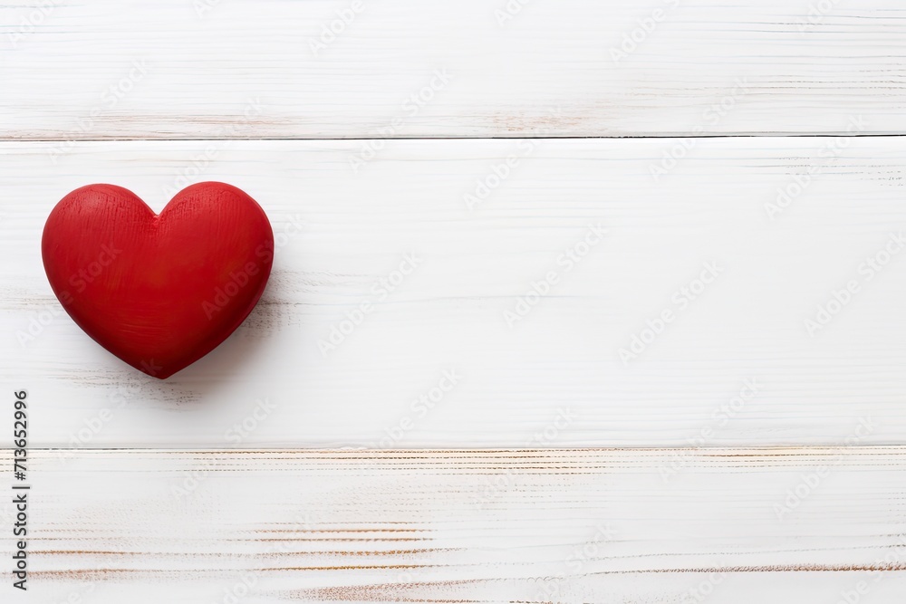 Overhead shot of a small red heart on a white wooden background - romantic concept, copy space - generative ai Overhead shot of a small red heart on a white wooden background - romantic concept, copy space - generative ai