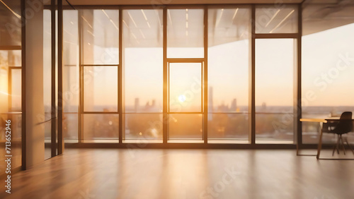 Beautiful blurred background of a light modern office interior with panoramic windows and beautiful lighting